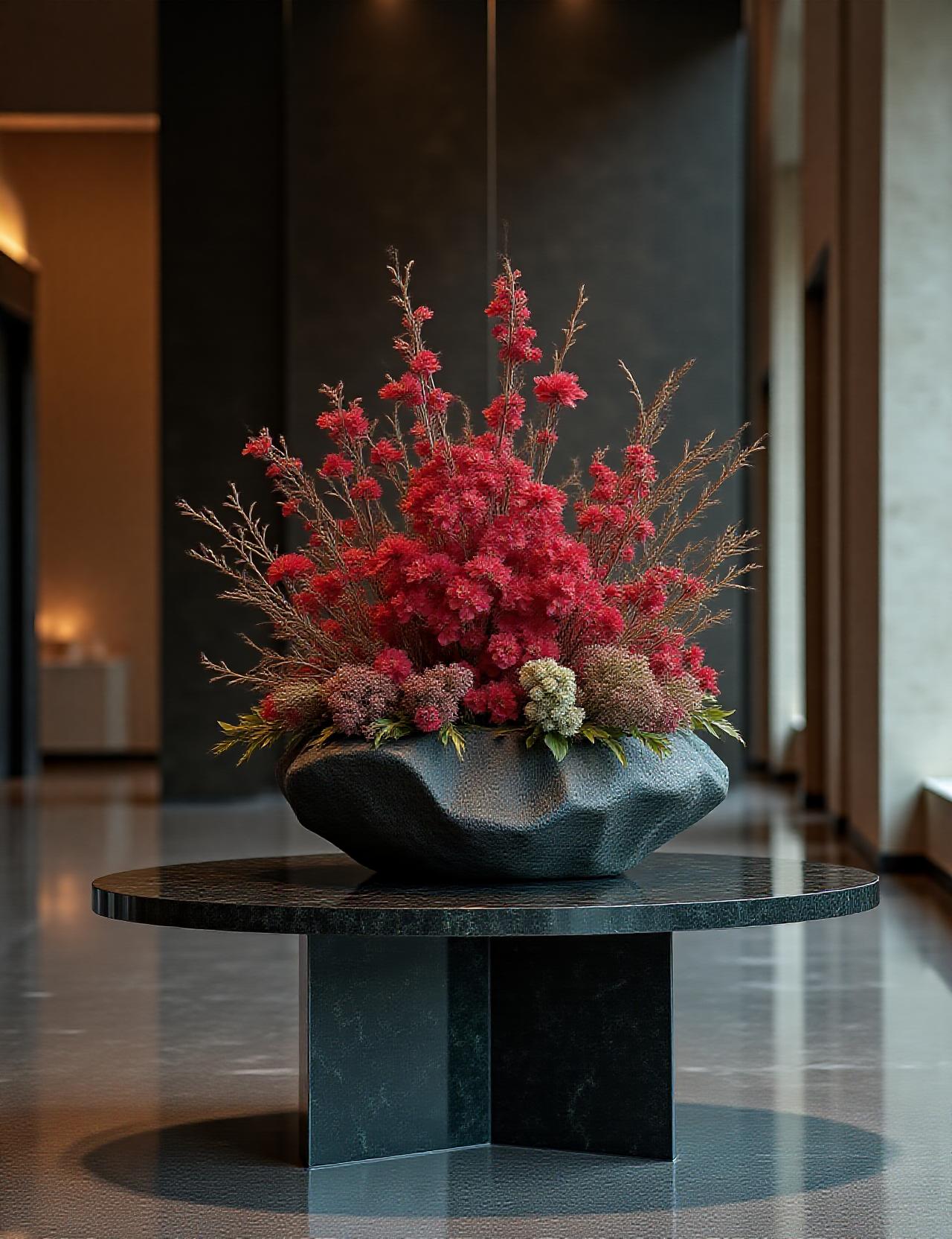 Luxury hotel lobby featuring a dramatic volcanic-inspired floral installation by Pyro Blossom Floristry