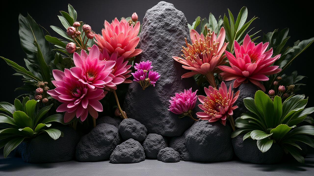 Bespoke large-scale floral installation featuring exotic king proteas and volcanic textures