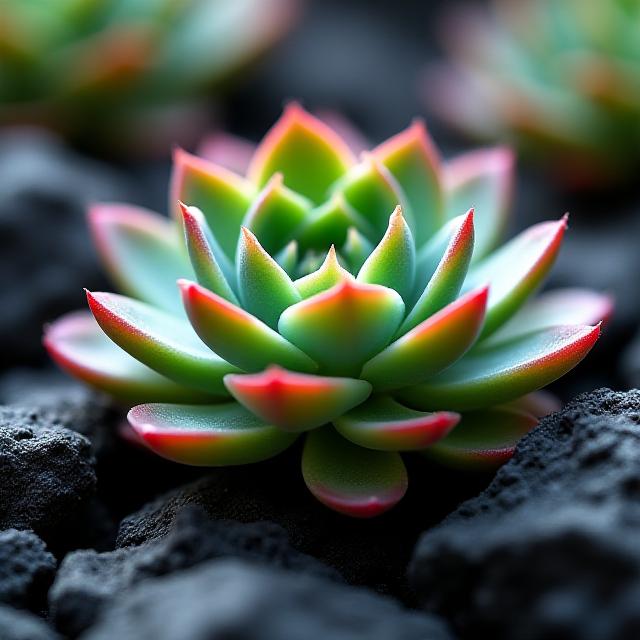 A macro shot of Echeveria planted in dark, rich volcanic basalt soil