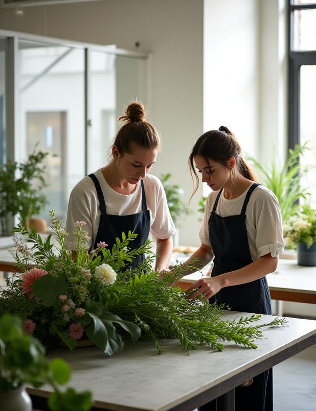 Floral enthusiasts participating in a luxury workshop at Pyro Blossom Floristry studio
